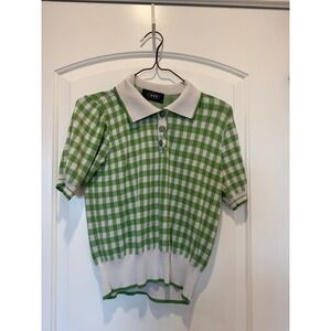 Cider Green Gingham‎ Knit Top Short Sleeve Collared Button Up Shirt M